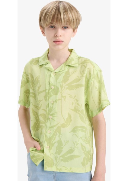 Erkek Çocuk Oversize Geniş Kalıp Polo Yaka Desenli Viskon Kısa Kollu Gömlek F5673A825HS