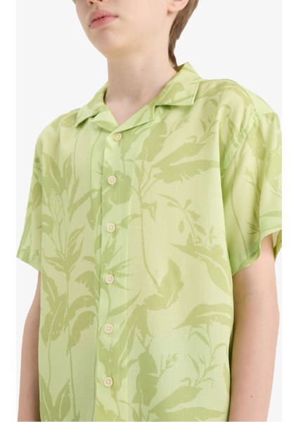 Erkek Çocuk Oversize Geniş Kalıp Polo Yaka Desenli Viskon Kısa Kollu Gömlek F5673A825HS