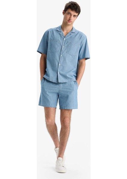 %100 Pamuk Yazlık Beli Lastikli Relax Fit Rahat Jean Bermuda Şort F5594AX25SM