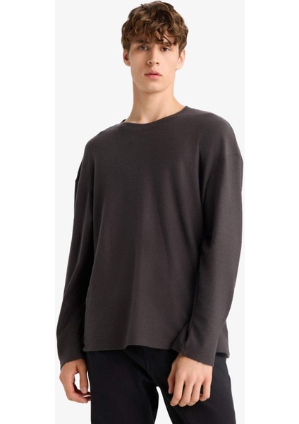 Boxy Fit Rahat Kesim Bisiklet Yaka Pamuklu Uzun Kollu Tişört E8437AX25AU