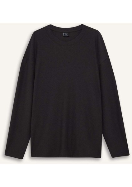 Boxy Fit Rahat Kesim Bisiklet Yaka Pamuklu Uzun Kollu Tişört E8437AX25AU