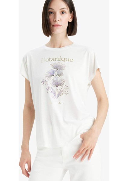 Bisiklet Yaka Çiçek Baskılı Kısa Kollu Tişört F5098AX25SM