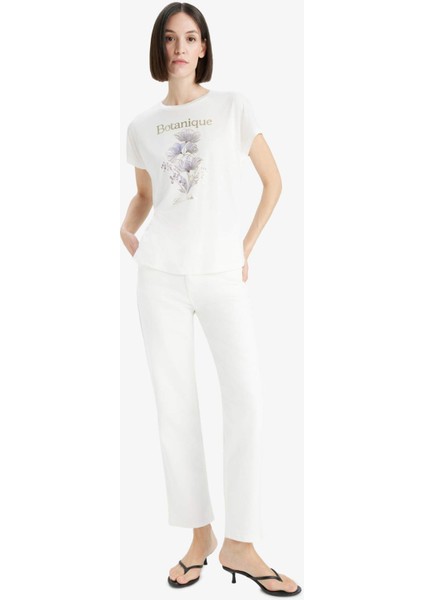 Bisiklet Yaka Çiçek Baskılı Kısa Kollu Tişört F5098AX25SM