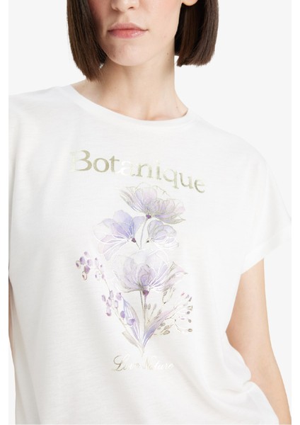 Bisiklet Yaka Çiçek Baskılı Kısa Kollu Tişört F5098AX25SM