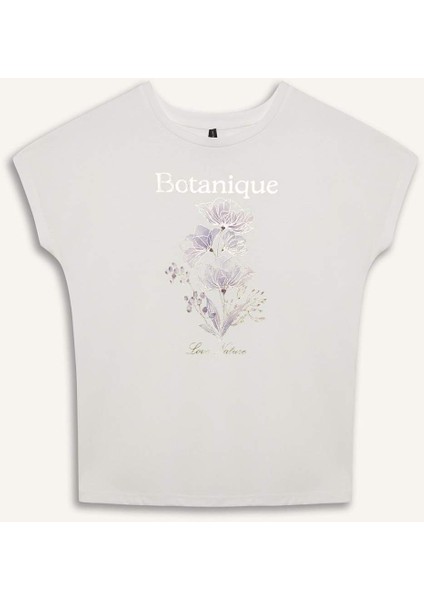Bisiklet Yaka Çiçek Baskılı Kısa Kollu Tişört F5098AX25SM