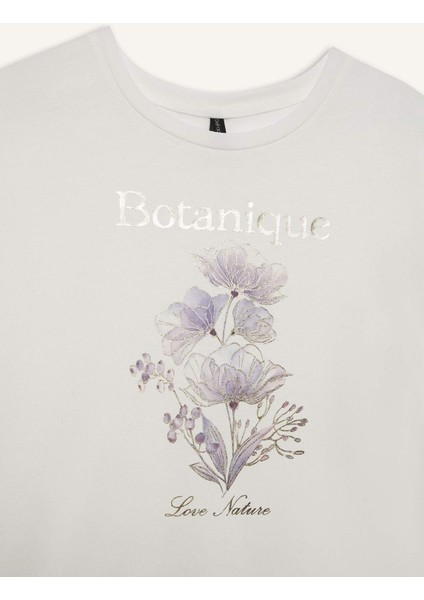 Bisiklet Yaka Çiçek Baskılı Kısa Kollu Tişört F5098AX25SM