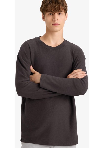 Boxy Fit Rahat Kesim Bisiklet Yaka Yumuşak Kumaş Basic Düz Sweatshirt F4642AX25AU