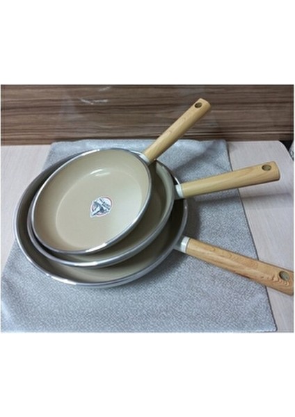 Swiss Crystal 3'lü Düz Tava Seti 22-26-30 cm Bej Granit Kaplama