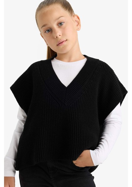 Kız Çocuk Oversize Geniş Kalıp V Yaka Triko Süveter F2625A825AU