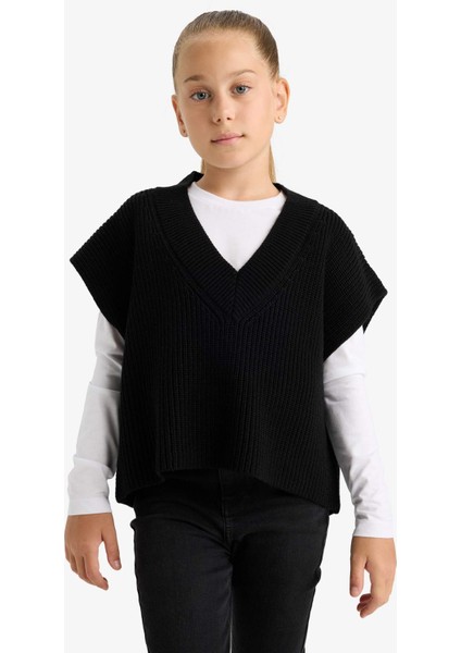 Kız Çocuk Oversize Geniş Kalıp V Yaka Triko Süveter F2625A825AU