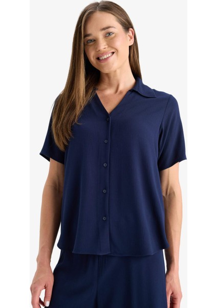 Regular Fit Kaçık Yaka Krinkıl Viskon Kısa Kollu Gömlek F5835AX25SM
