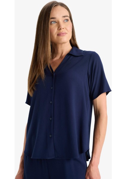 Regular Fit Kaçık Yaka Krinkıl Viskon Kısa Kollu Gömlek F5835AX25SM