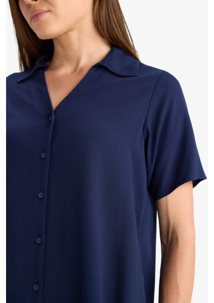 Regular Fit Kaçık Yaka Krinkıl Viskon Kısa Kollu Gömlek F5835AX25SM