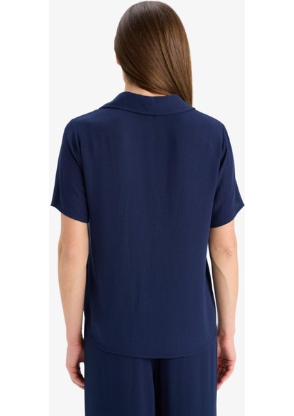 Regular Fit Kaçık Yaka Krinkıl Viskon Kısa Kollu Gömlek F5835AX25SM