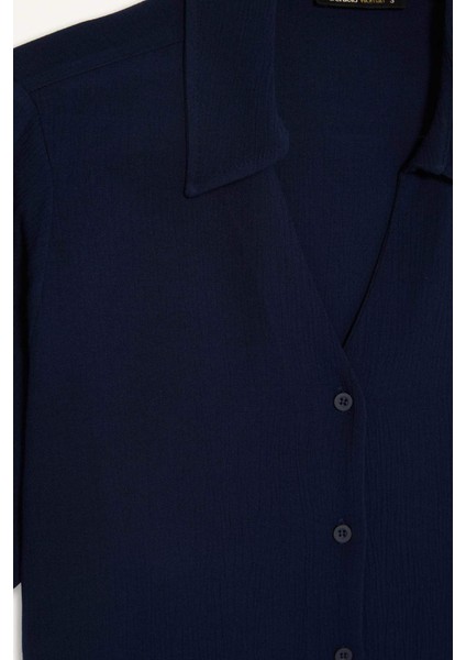 Regular Fit Kaçık Yaka Krinkıl Viskon Kısa Kollu Gömlek F5835AX25SM