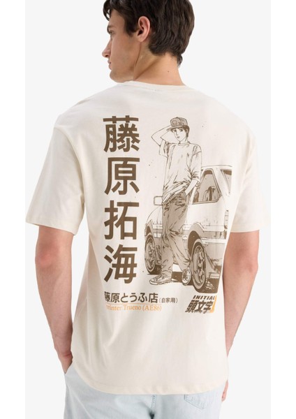 %100 Pamuk Initial D Boxy Fit Bisiklet Yaka Sırt Baskılı Kısa Kollu Tişört F2877AX25SM