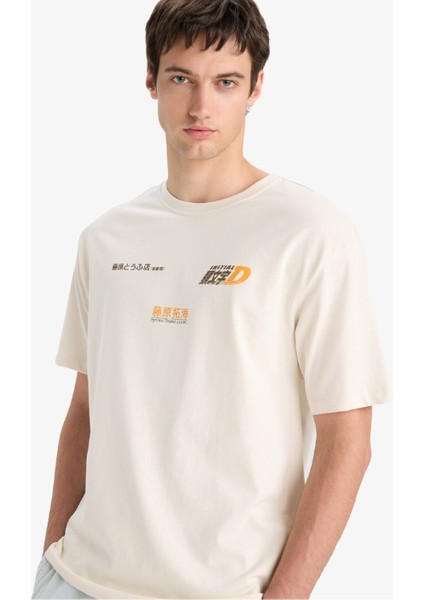 %100 Pamuk Initial D Boxy Fit Bisiklet Yaka Sırt Baskılı Kısa Kollu Tişört F2877AX25SM