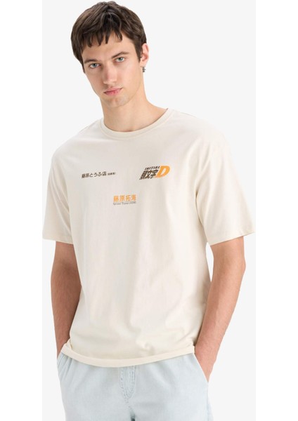 %100 Pamuk Initial D Boxy Fit Bisiklet Yaka Sırt Baskılı Kısa Kollu Tişört F2877AX25SM