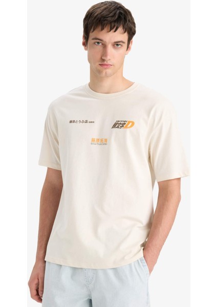 %100 Pamuk Initial D Boxy Fit Bisiklet Yaka Sırt Baskılı Kısa Kollu Tişört F2877AX25SM