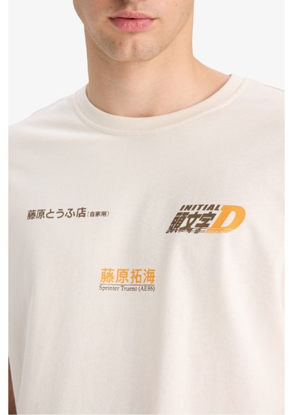 %100 Pamuk Initial D Boxy Fit Bisiklet Yaka Sırt Baskılı Kısa Kollu Tişört F2877AX25SM