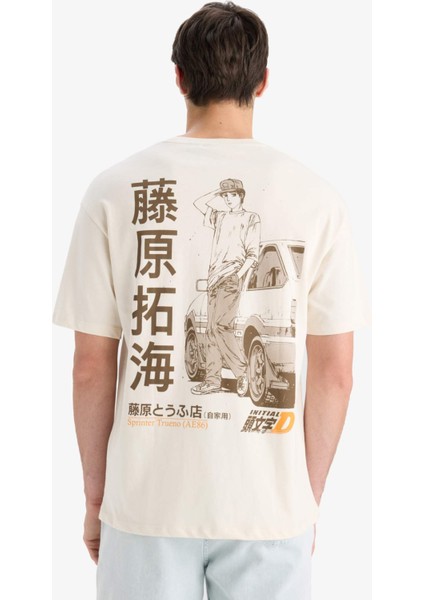 %100 Pamuk Initial D Boxy Fit Bisiklet Yaka Sırt Baskılı Kısa Kollu Tişört F2877AX25SM