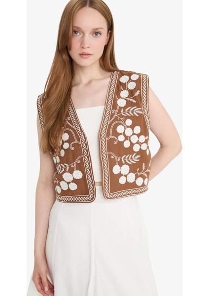 V Yaka Desenli Müslin Yelek D4392AX25SM