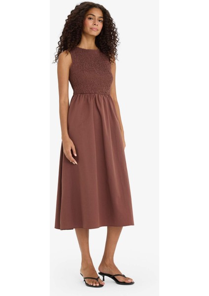 Bisiklet Yaka Terry Cotton Kolsuz Midi Elbise F5807AX25SM