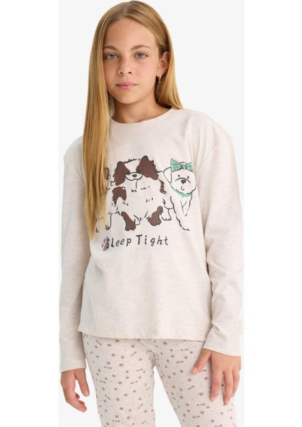 Kız Çocuk Pijama Takımı Köpek Baskılı Uzun Kollu Üst Desenli Uzun Alt F1084A825AU