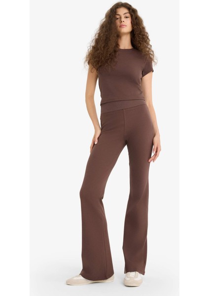 Fitted 2'li Ribana Takım Kısa Kollu Tişört İspanyol Paça Tayt F5586AX25SM