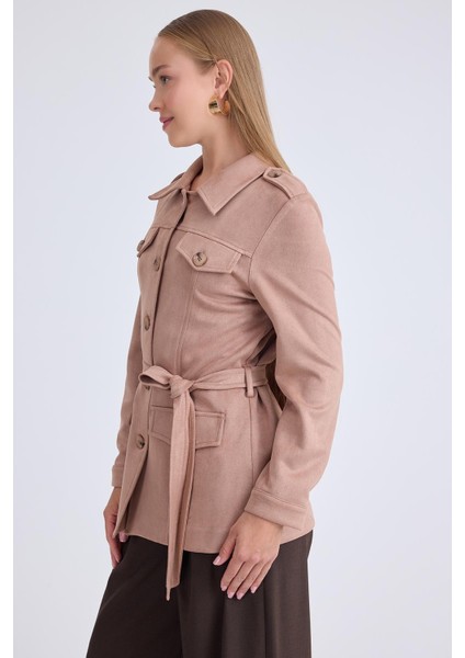 Beli Kuşaklı Düğmeli Süet Ceket modelleri