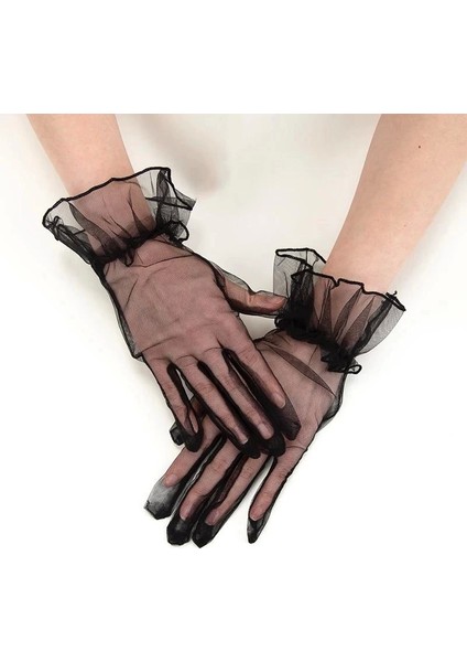 Kısa Boy Likralı Güpürlü Yetişkin Tül Eldiven Siyah Renk fiyatları