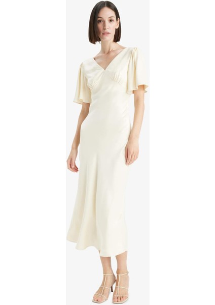 V Yaka Saten Kısa Kollu Midi Elbise F6036AX25SM