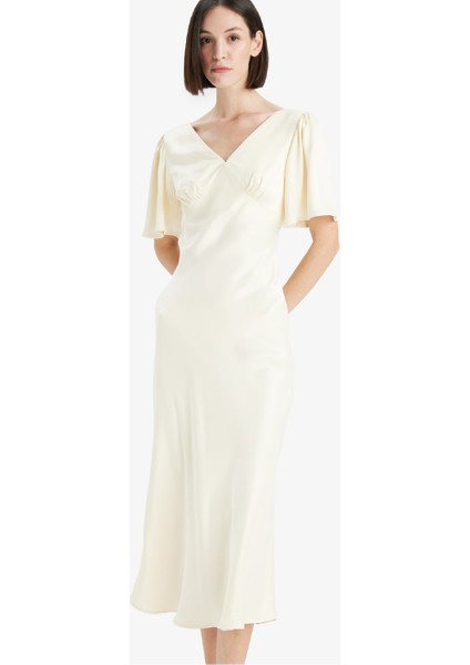 V Yaka Saten Kısa Kollu Midi Elbise F6036AX25SM