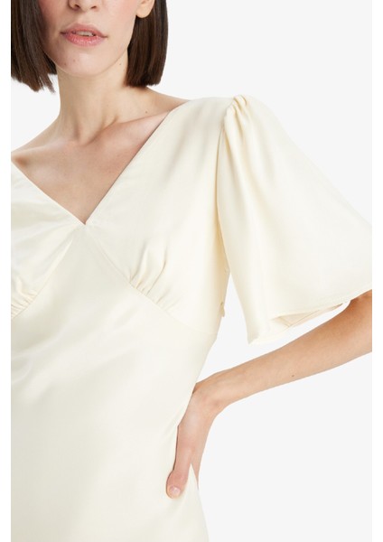 V Yaka Saten Kısa Kollu Midi Elbise F6036AX25SM