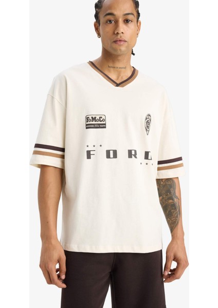 %100 Pamuk Ford Motor Company Loose Fit V Yaka Sırt Baskılı Kısa Kollu Tişört F2883AX25SM