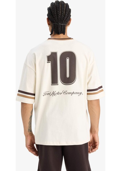 %100 Pamuk Ford Motor Company Loose Fit V Yaka Sırt Baskılı Kısa Kollu Tişört F2883AX25SM