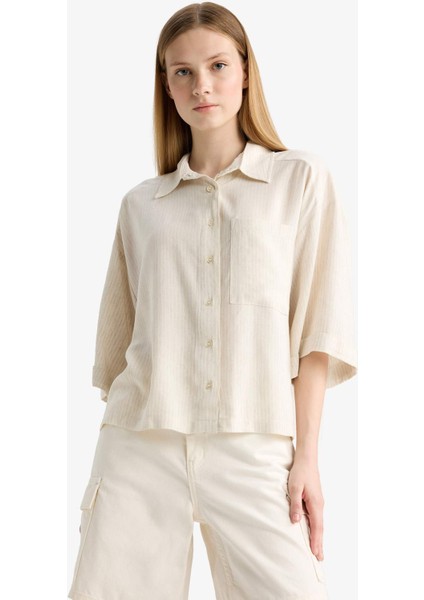 Coool Oversize Geniş Kalıp Keten Karışımlı Kısa Kollu Gömlek F5848AX25SM