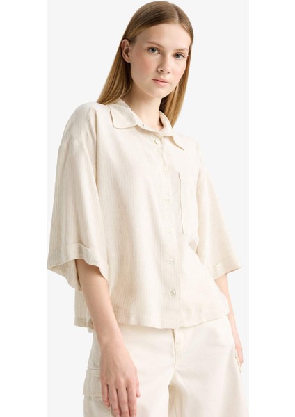 Coool Oversize Geniş Kalıp Keten Karışımlı Kısa Kollu Gömlek F5848AX25SM