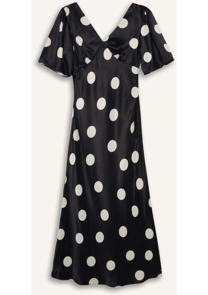 V Yaka Saten Puantiyeli Kısa Kollu Midi Elbise F6037AX25SM