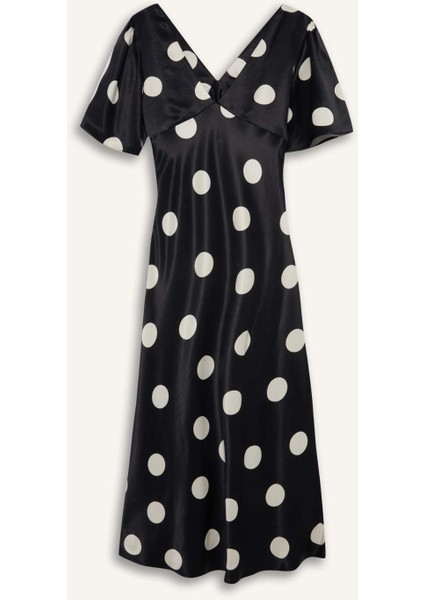 V Yaka Saten Puantiyeli Kısa Kollu Midi Elbise F6037AX25SM