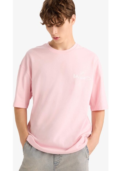 %100 Pamuk Loose Fit Rahat Kesim Bisiklet Yaka Baskılı Kısa Kollu Tişört F5732AX25AU