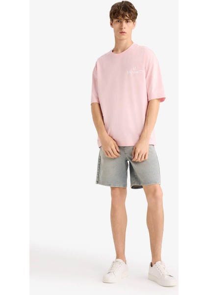 %100 Pamuk Loose Fit Rahat Kesim Bisiklet Yaka Baskılı Kısa Kollu Tişört F5732AX25AU