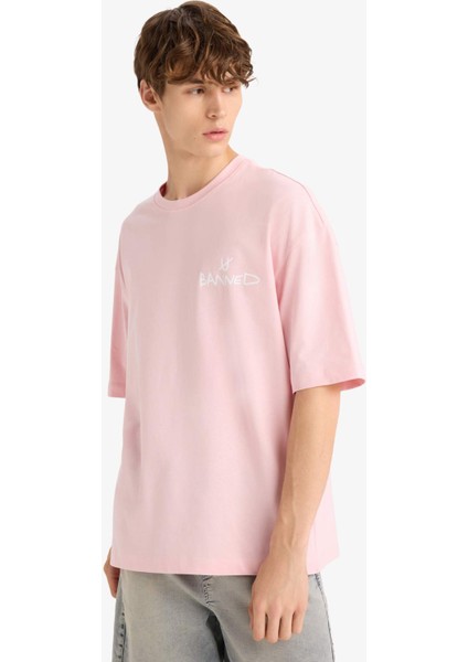 %100 Pamuk Loose Fit Rahat Kesim Bisiklet Yaka Baskılı Kısa Kollu Tişört F5732AX25AU