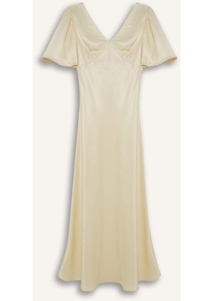 V Yaka Saten Kısa Kollu Midi Elbise F6036AX25SM