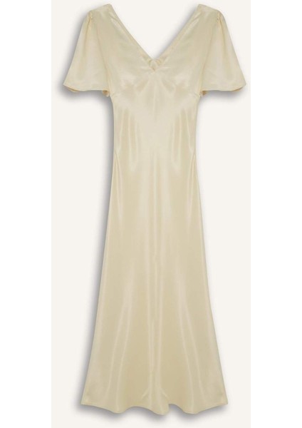 V Yaka Saten Kısa Kollu Midi Elbise F6036AX25SM