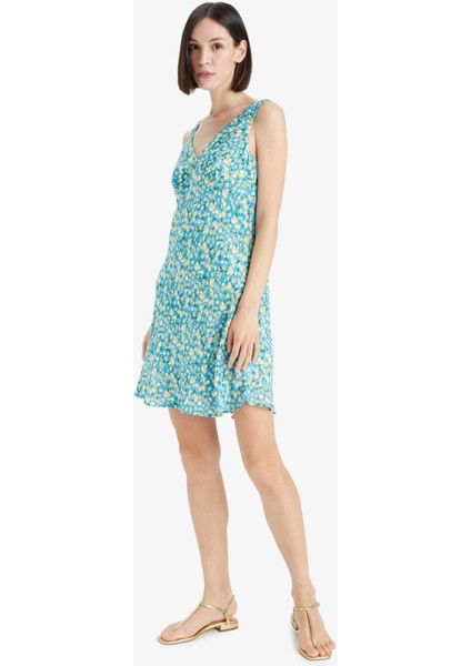 V Yaka Çiçekli Maroken Kolsuz Mini Elbise