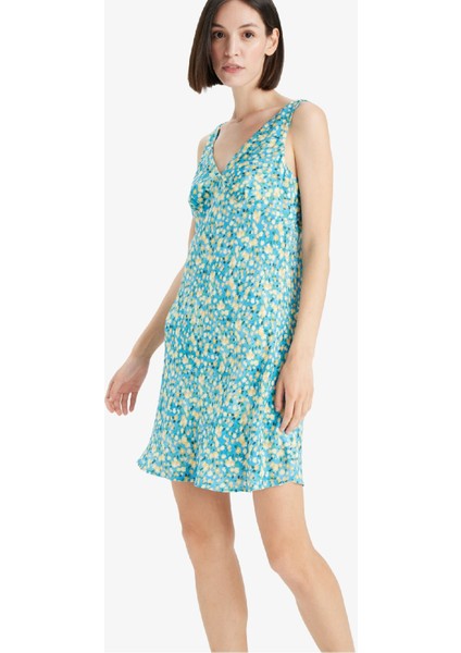 V Yaka Çiçekli Maroken Kolsuz Mini Elbise