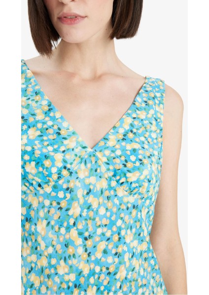 V Yaka Çiçekli Maroken Kolsuz Mini Elbise