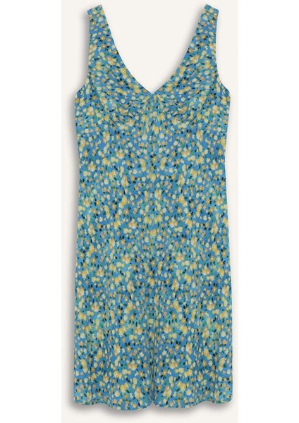 V Yaka Çiçekli Maroken Kolsuz Mini Elbise