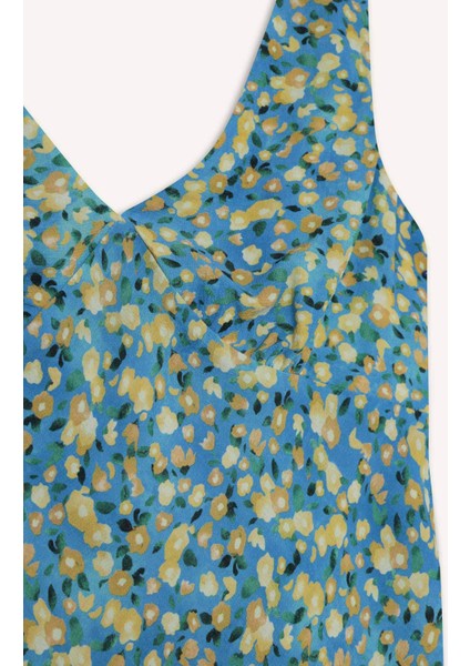 V Yaka Çiçekli Maroken Kolsuz Mini Elbise